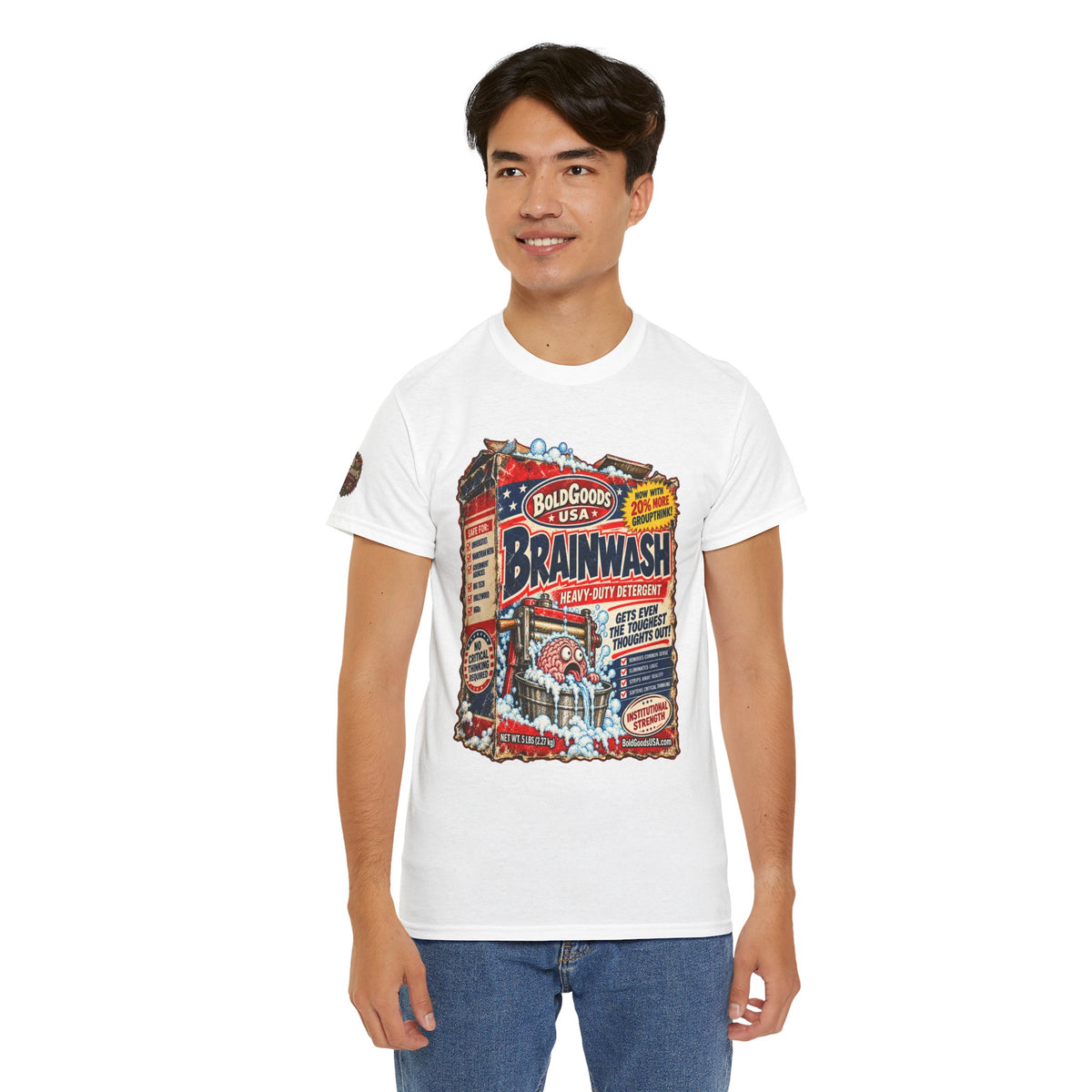 Brainwash Political Satire T-Shirt | Front Print + Sleeve Logo
