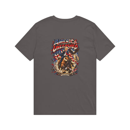 America Unleashed – Patriotic Graphic T-Shirt | Back Print + Chest Logo