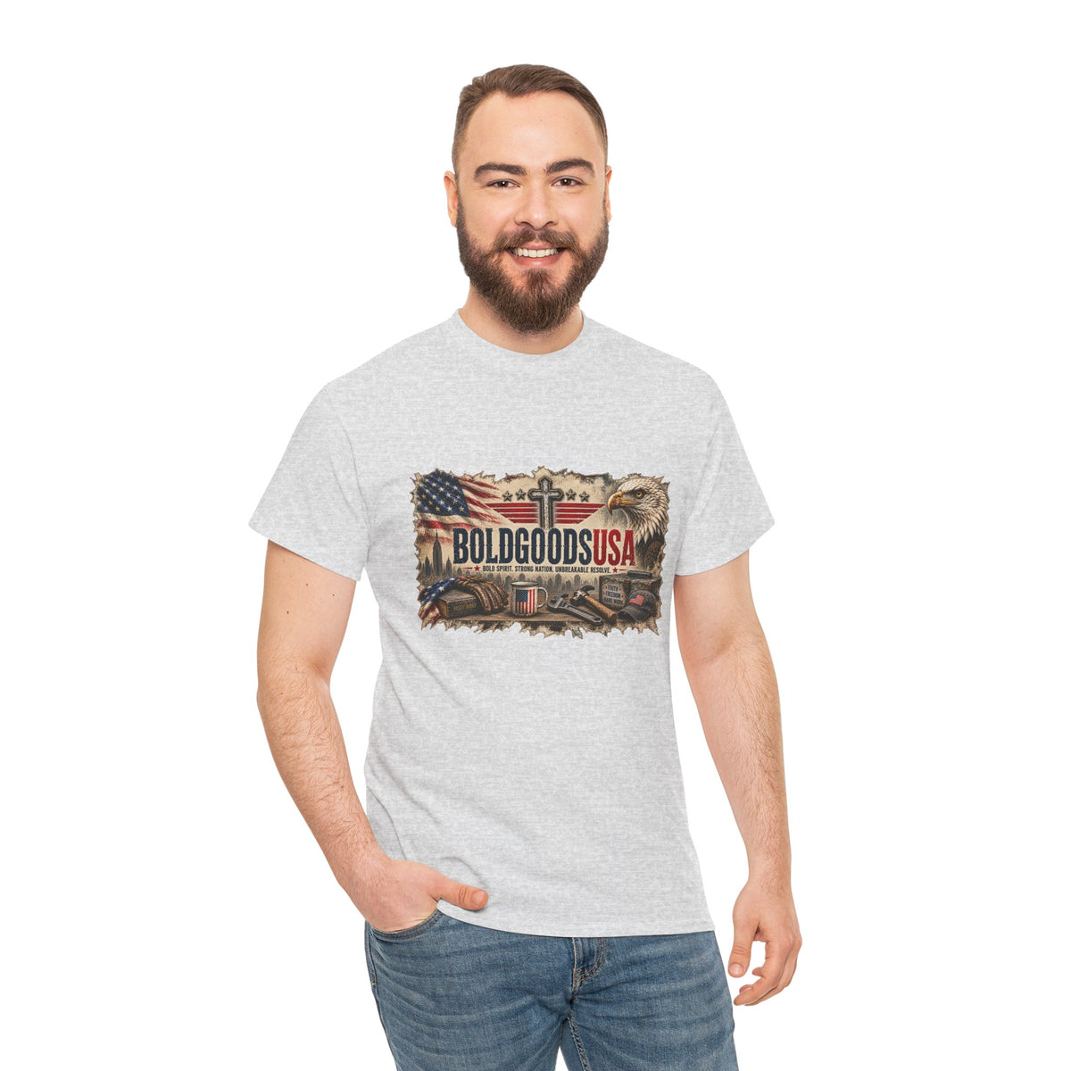 BoldGoods Faith, Freedom & America – Christian Patriotic Graphic T-Shirt | Front Print + Sleeve Logo