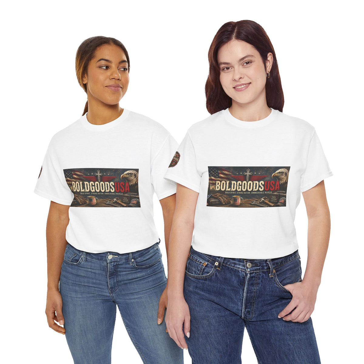BoldGoods Faith, Freedom & America – Christian Patriotic Graphic T-Shirt | Front Print + Sleeve Logo
