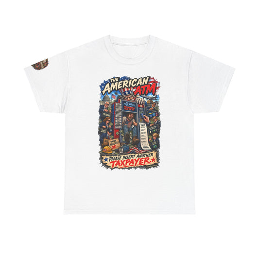 The American ATM - Political Satire Graphic T-Shirt | Front Print + Sleeve Logo