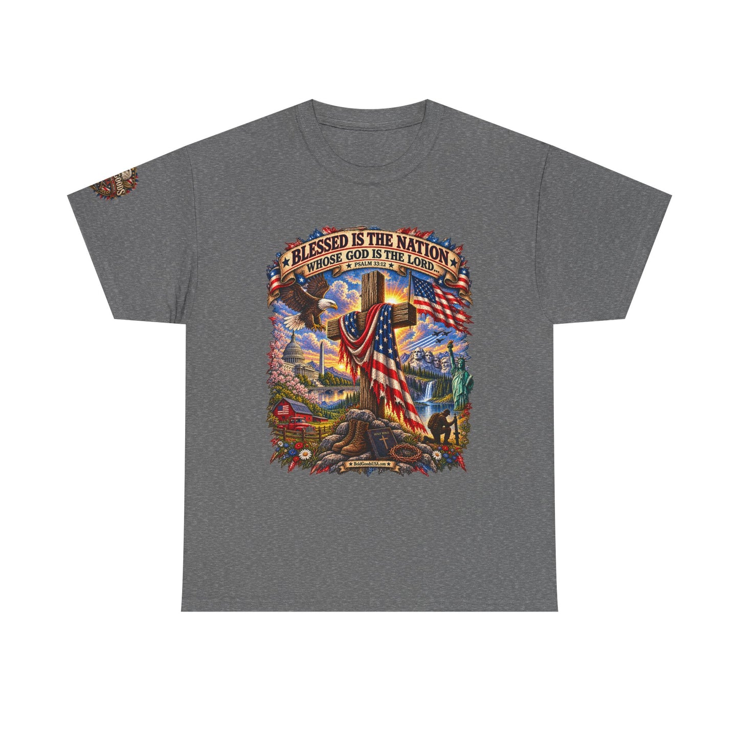Blessed Is the Nation – Christian Patriotic Graphic T-Shirt | Front Print + Sleeve Logo