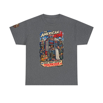 The American ATM - Political Satire Graphic T-Shirt | Front Print + Sleeve Logo