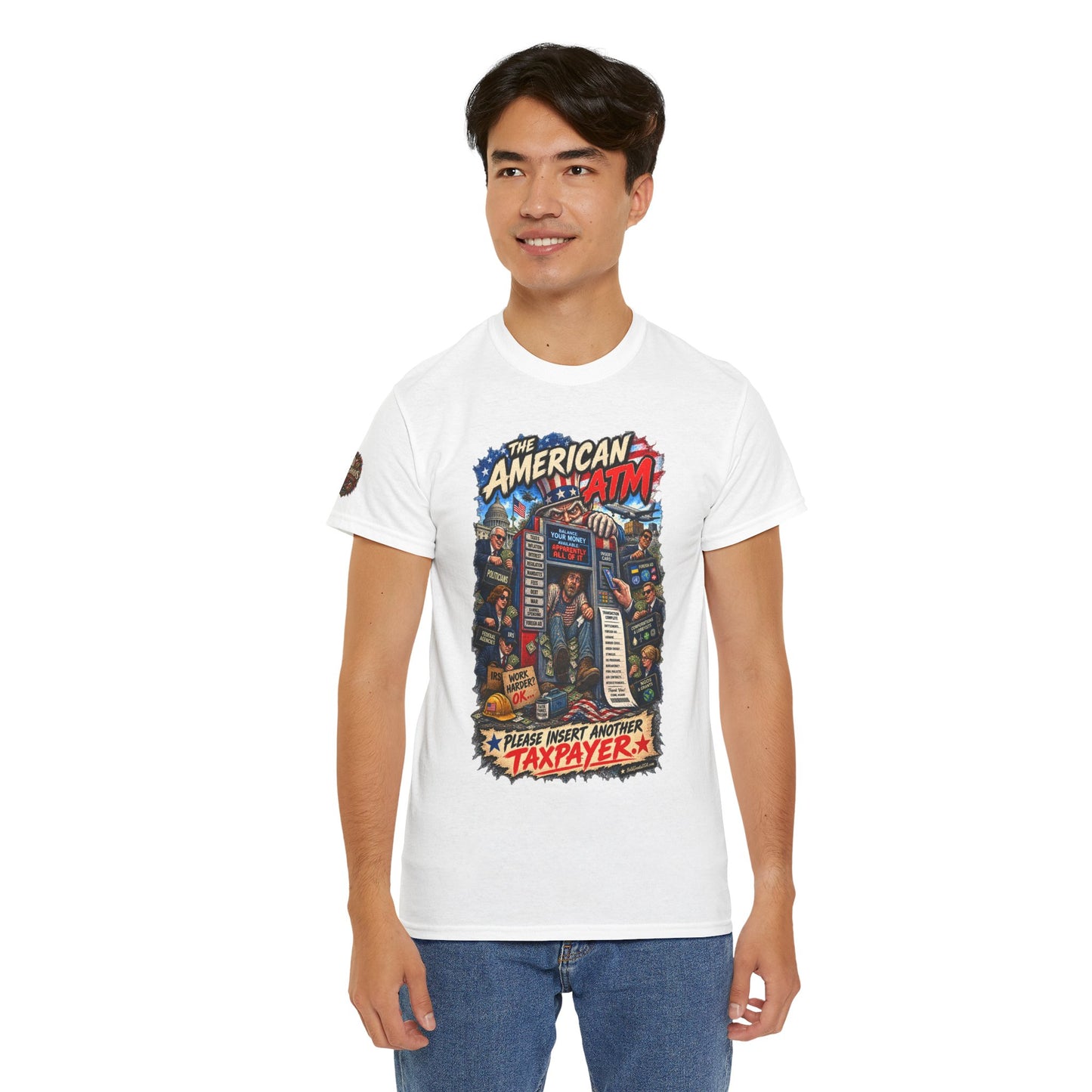 The American ATM - Political Satire Graphic T-Shirt | Front Print + Sleeve Logo