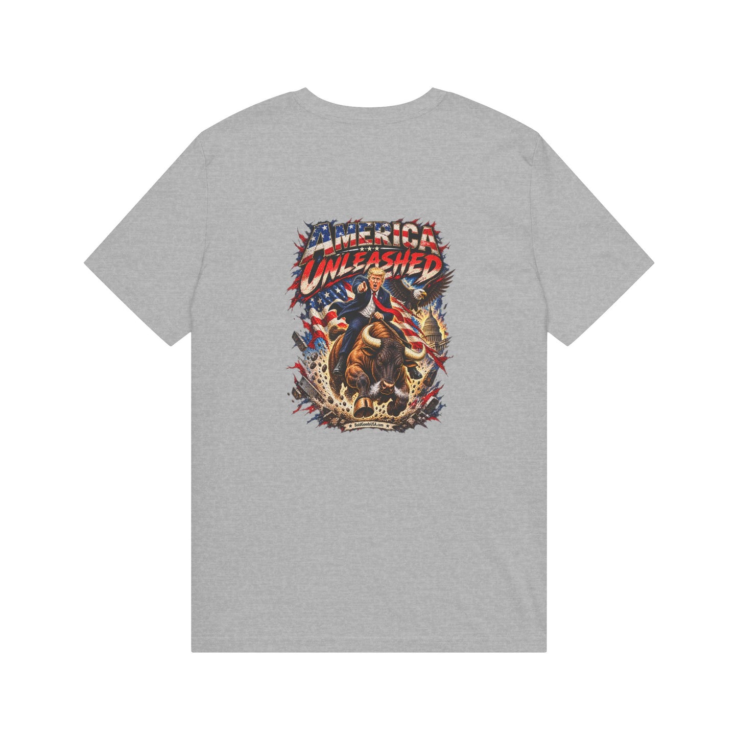 America Unleashed – Patriotic Graphic T-Shirt | Back Print + Chest Logo