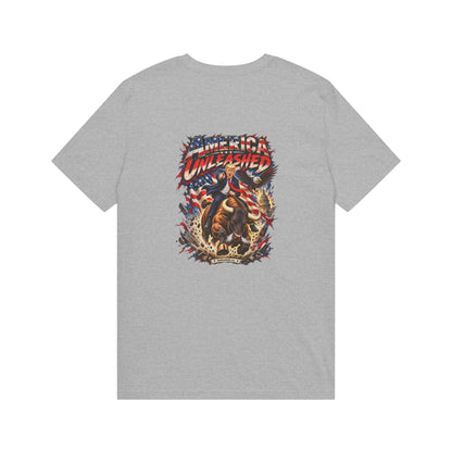 America Unleashed – Patriotic Graphic T-Shirt | Back Print + Chest Logo