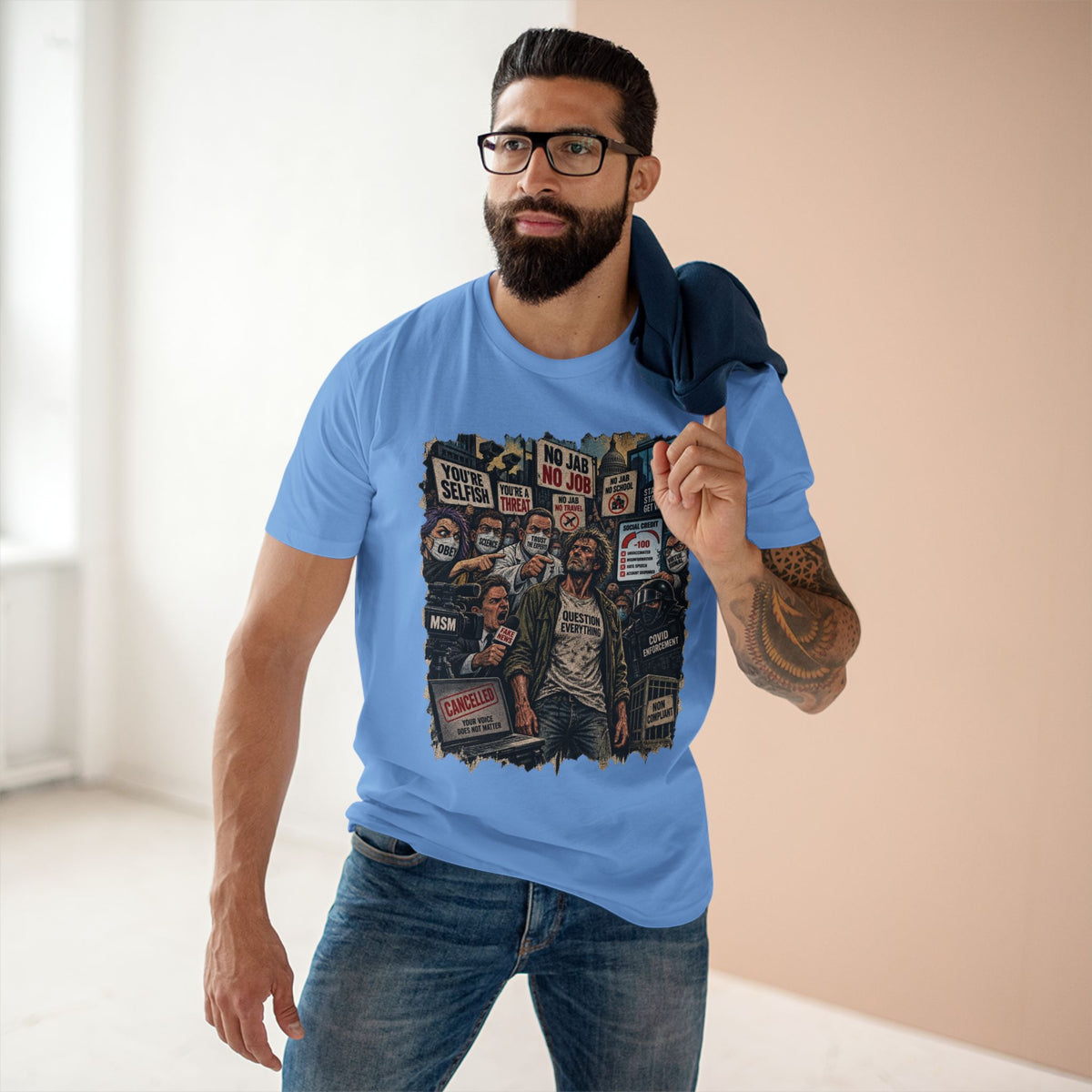 Question Everything – Political Satire Graphic T-Shirt | Front Print