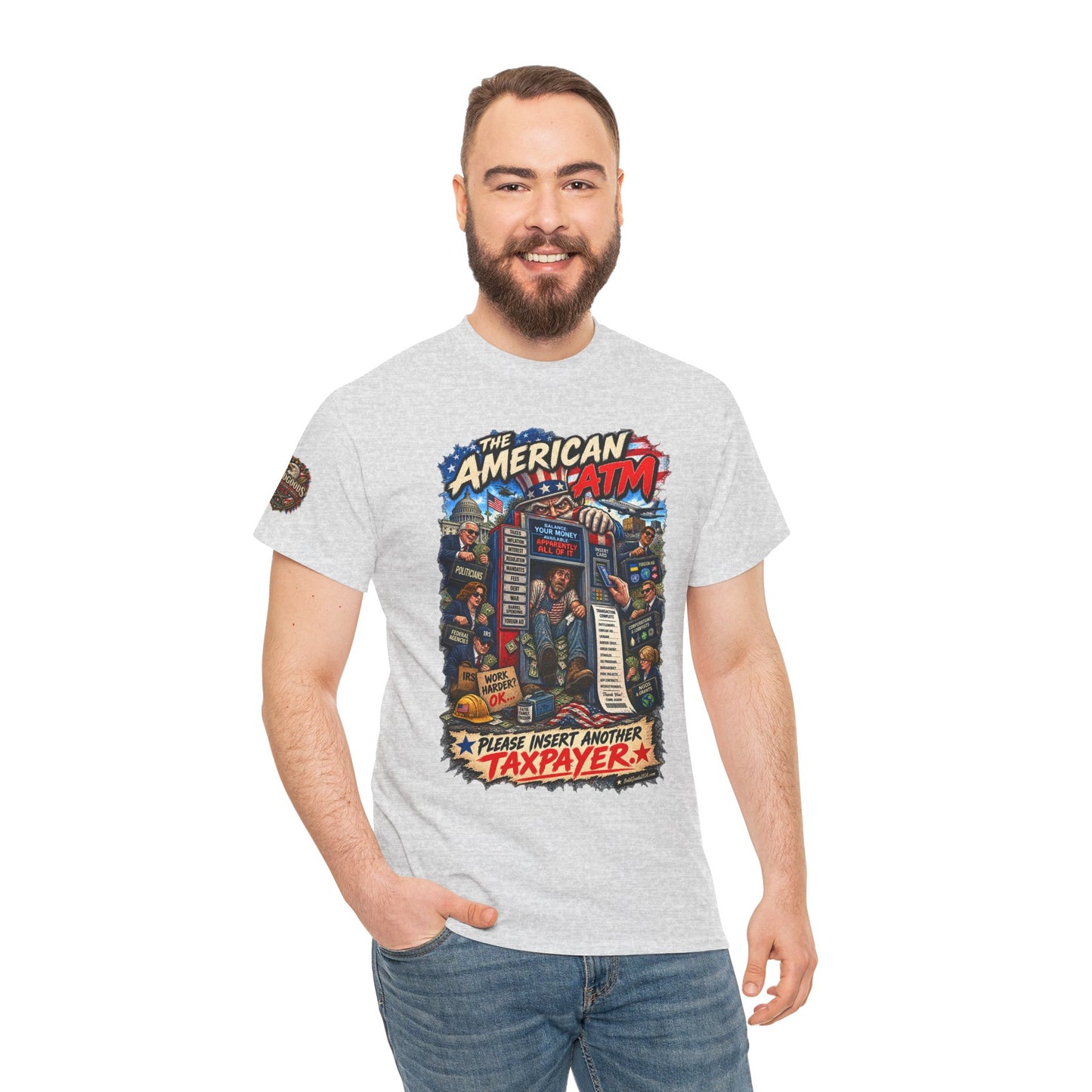 The American ATM - Political Satire Graphic T-Shirt | Front Print + Sleeve Logo