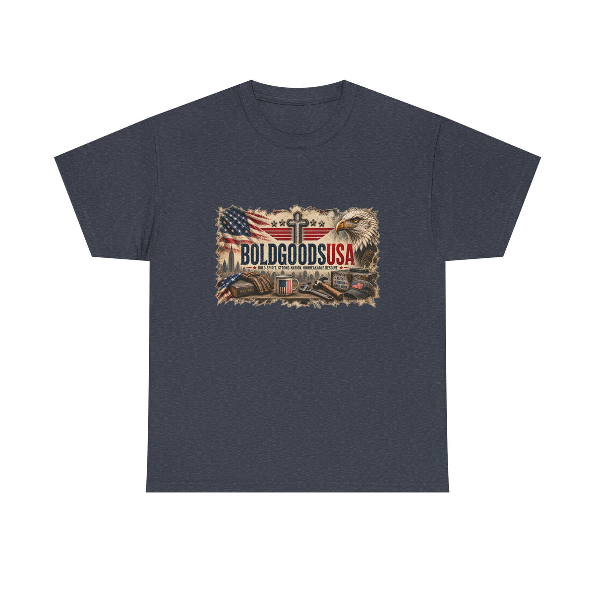 BoldGoods Faith, Freedom & America – Christian Patriotic Graphic T-Shirt | Front Print + Sleeve Logo
