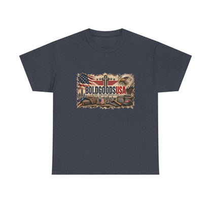 BoldGoods Faith, Freedom & America – Christian Patriotic Graphic T-Shirt | Front Print + Sleeve Logo