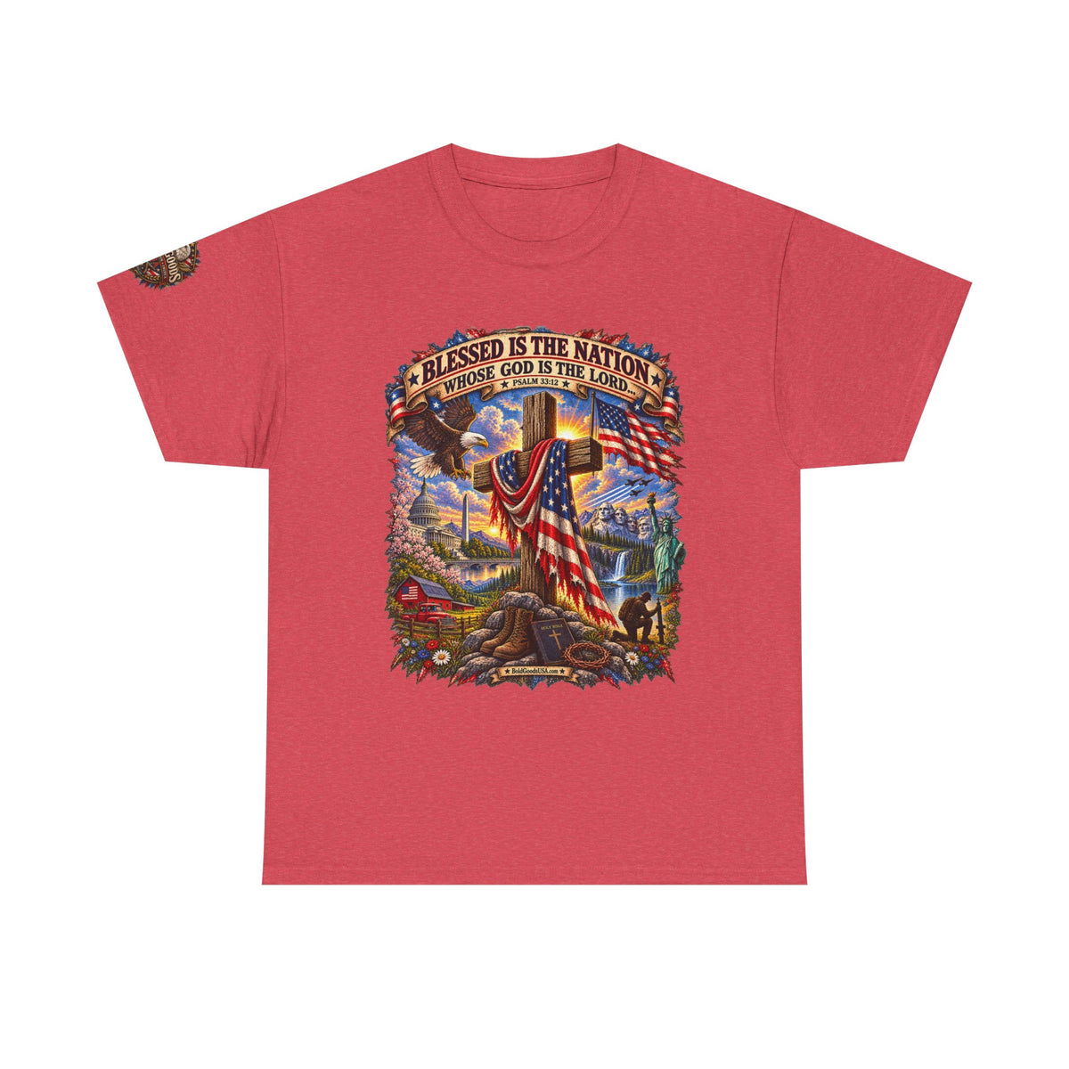 Blessed Is the Nation – Christian Patriotic Graphic T-Shirt | Front Print + Sleeve Logo