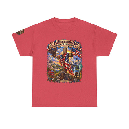 Blessed Is the Nation –  Graphic T-Shirt | Front Print + Sleeve Logo