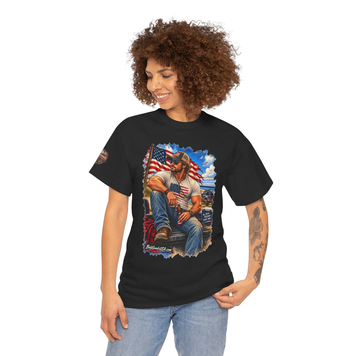 American Patriot Graphic T-Shirt | Front Print + Sleeve Logo
