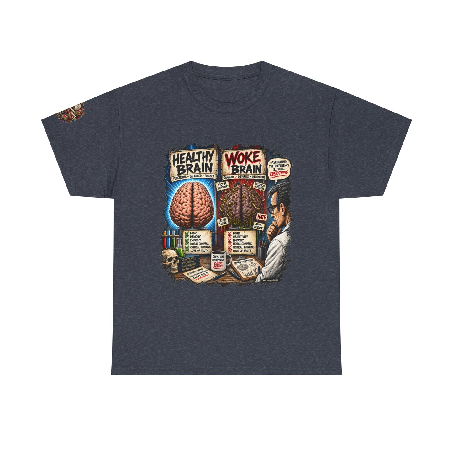 Woke Brain – Political Satire Graphic T-Shirt | Front Print + Sleeve Logo