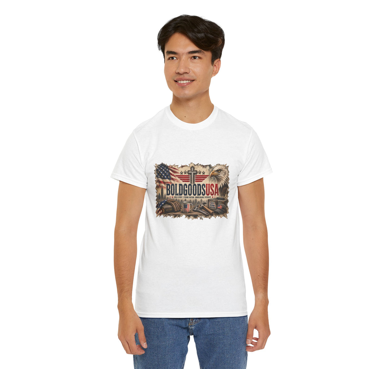 BoldGoods Faith, Freedom & America – Christian Patriotic Graphic T-Shirt | Front Print + Sleeve Logo
