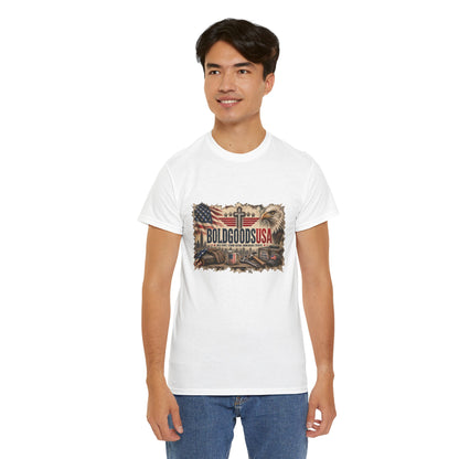 BoldGoods Faith, Freedom & America – Christian Patriotic Graphic T-Shirt | Front Print + Sleeve Logo
