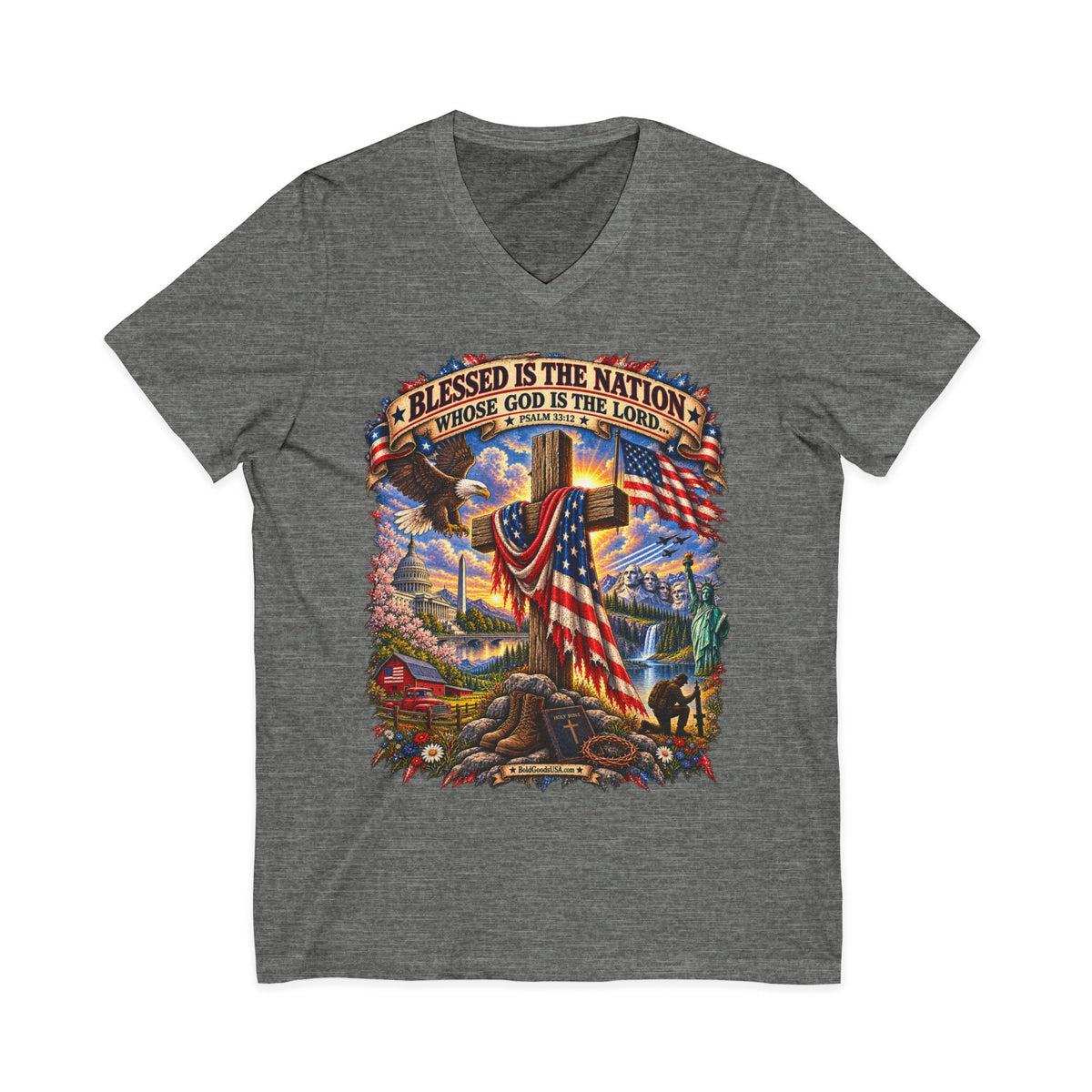 Blessed Is The Nation — Christian Patriotic V-Neck T-Shirt