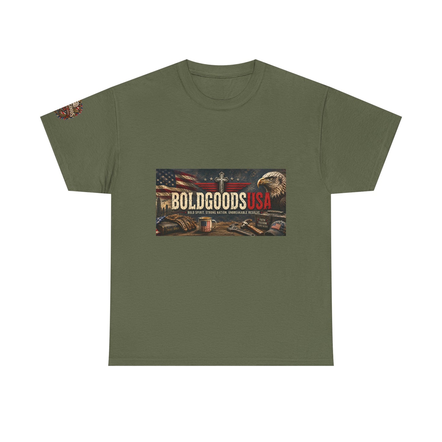BoldGoods Faith, Freedom & America – Christian Patriotic Graphic T-Shirt | Front Print + Sleeve Logo