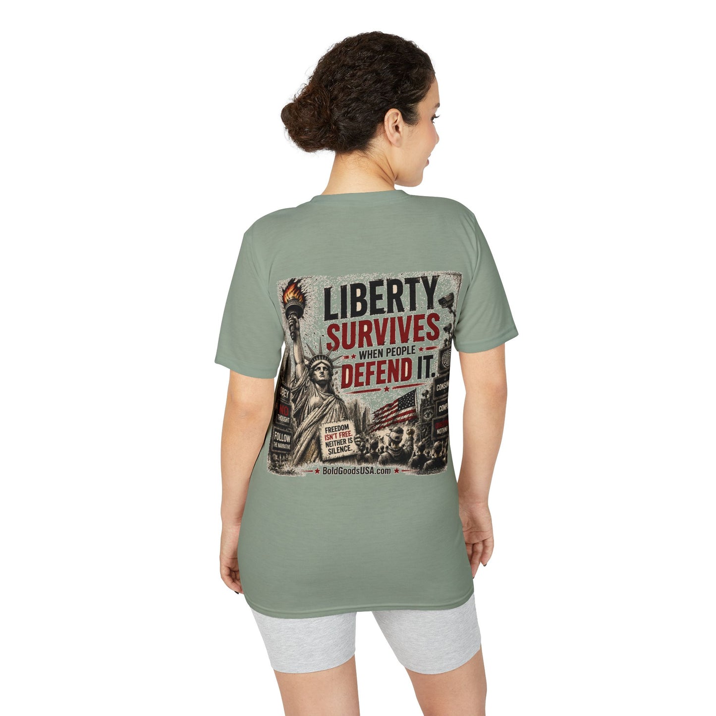 Liberty Survives When Defended – Patriotic Freedom Graphic T-Shirt | Back Print + Sleeve Logo