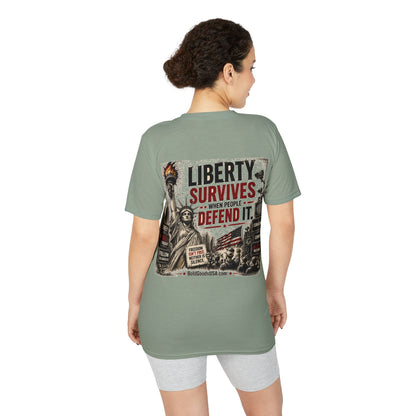 Liberty Survives When Defended – Patriotic Freedom Graphic T-Shirt | Back Print + Chest Logo