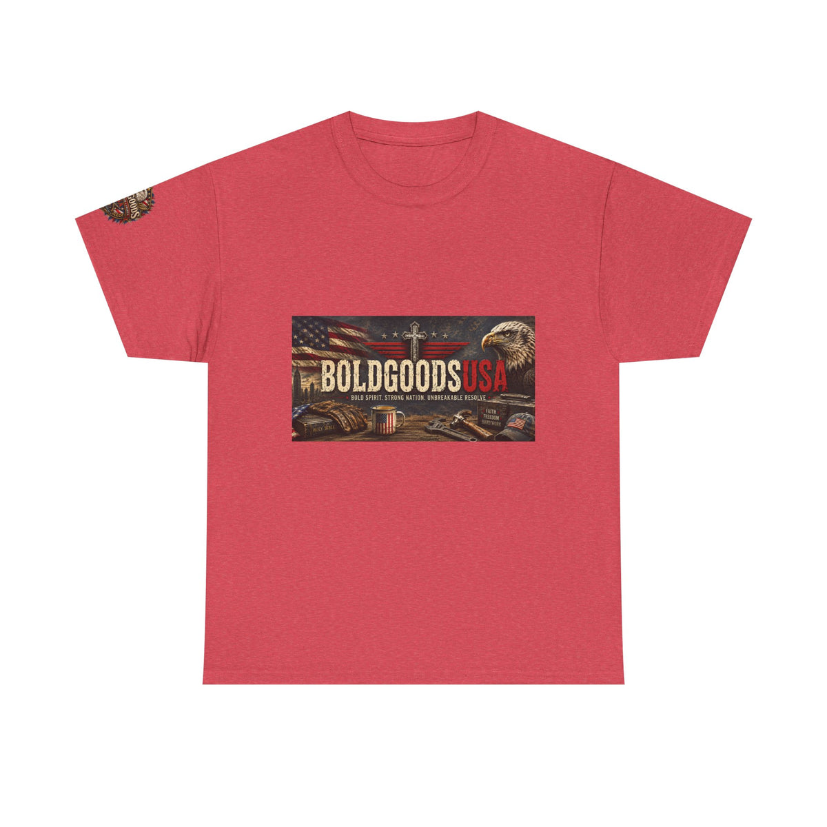 BoldGoods Faith, Freedom & America – Christian Patriotic Graphic T-Shirt | Front Print + Sleeve Logo