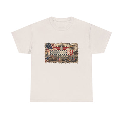 BoldGoods Faith, Freedom & America – Christian Patriotic Graphic T-Shirt | Front Print + Sleeve Logo