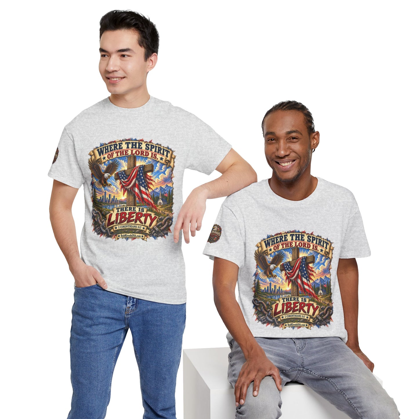Where the Spirit of the Lord Is… There Is Liberty – Christian Patriotic Graphic T-Shirt | Front Print + Sleeve Logo