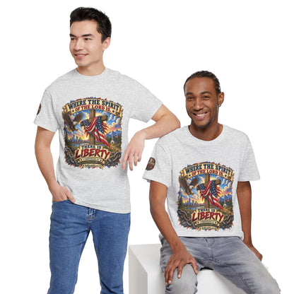 Where the Spirit of the Lord Is… There Is Liberty – Christian Patriotic Graphic T-Shirt | Front Print + Sleeve Logo