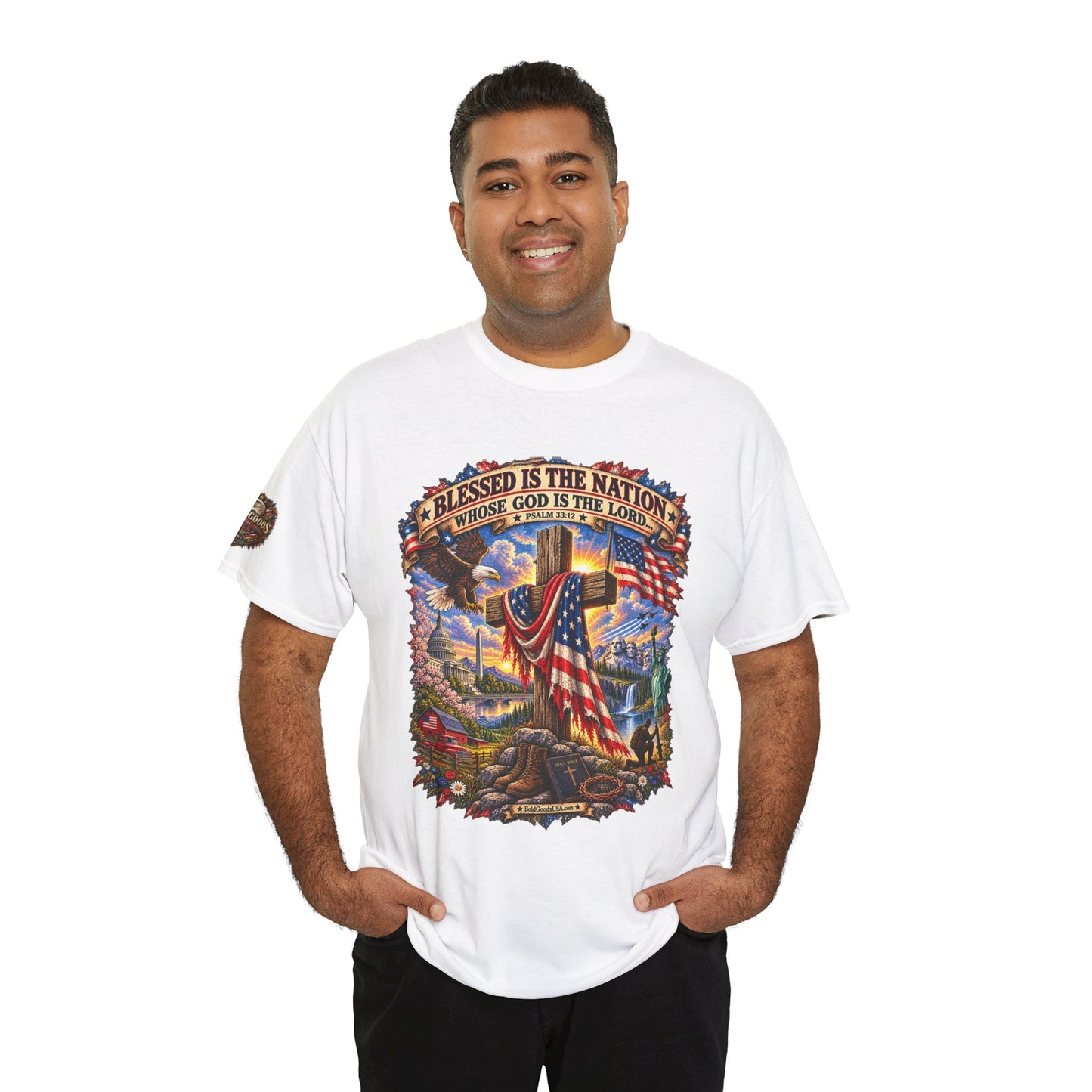 Blessed Is the Nation – Christian Patriotic Graphic T-Shirt | Front Print + Sleeve Logo