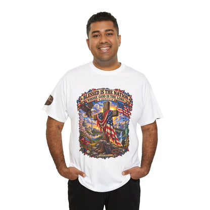 Blessed Is the Nation –  Graphic T-Shirt | Front Print + Sleeve Logo