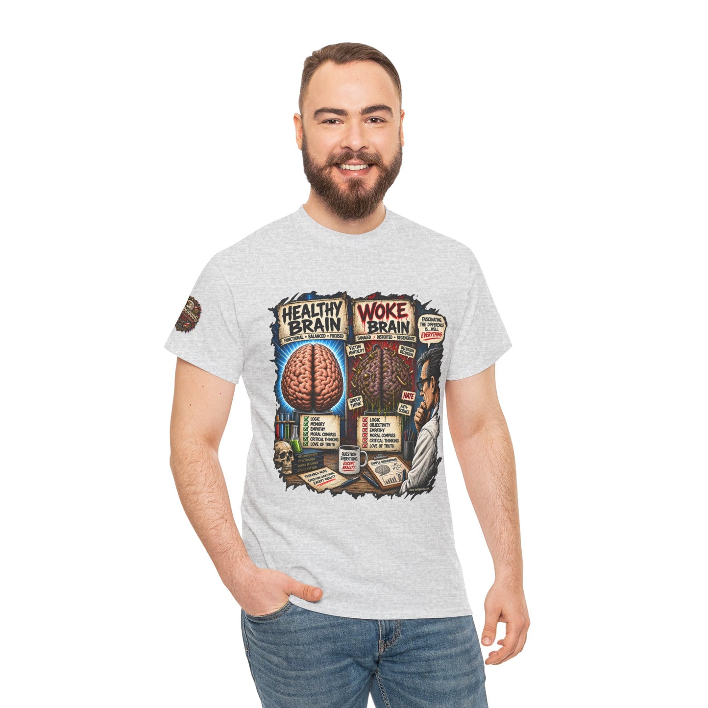 Woke Brain – Political Satire Graphic T-Shirt | Front Print + Sleeve Logo
