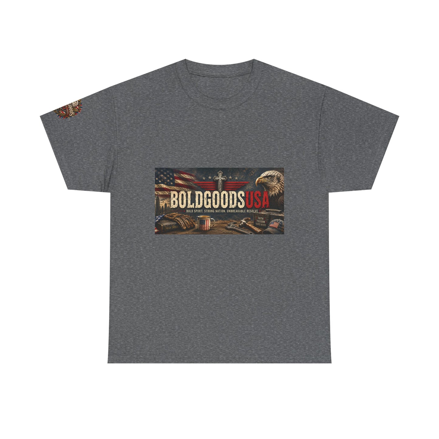 BoldGoods Faith, Freedom & America – Christian Patriotic Graphic T-Shirt | Front Print + Sleeve Logo