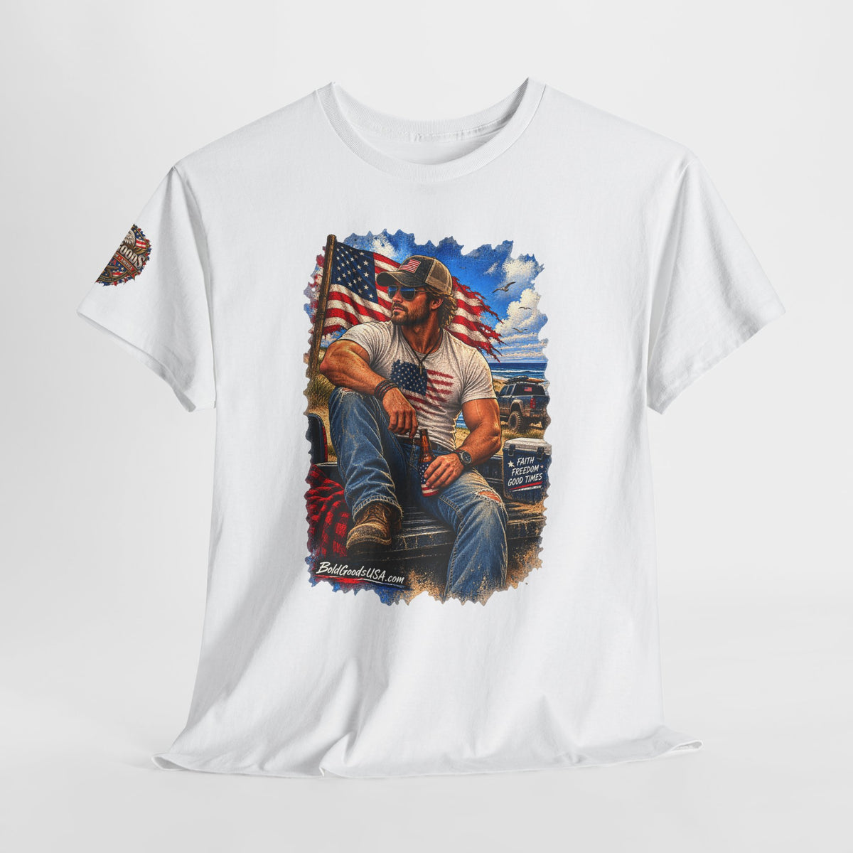 American Patriot Graphic T-Shirt | Front Print + Sleeve Logo
