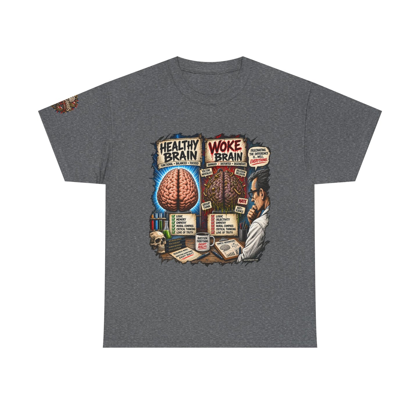 Woke Brain – Political Satire Graphic T-Shirt | Front Print + Sleeve Logo