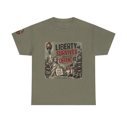 Liberty Survives – Front Print + Sleeve Logo T-Shirt