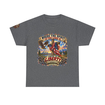 Where the Spirit of the Lord Is… There Is Liberty – Christian Patriotic Graphic T-Shirt | Front Print + Sleeve Logo
