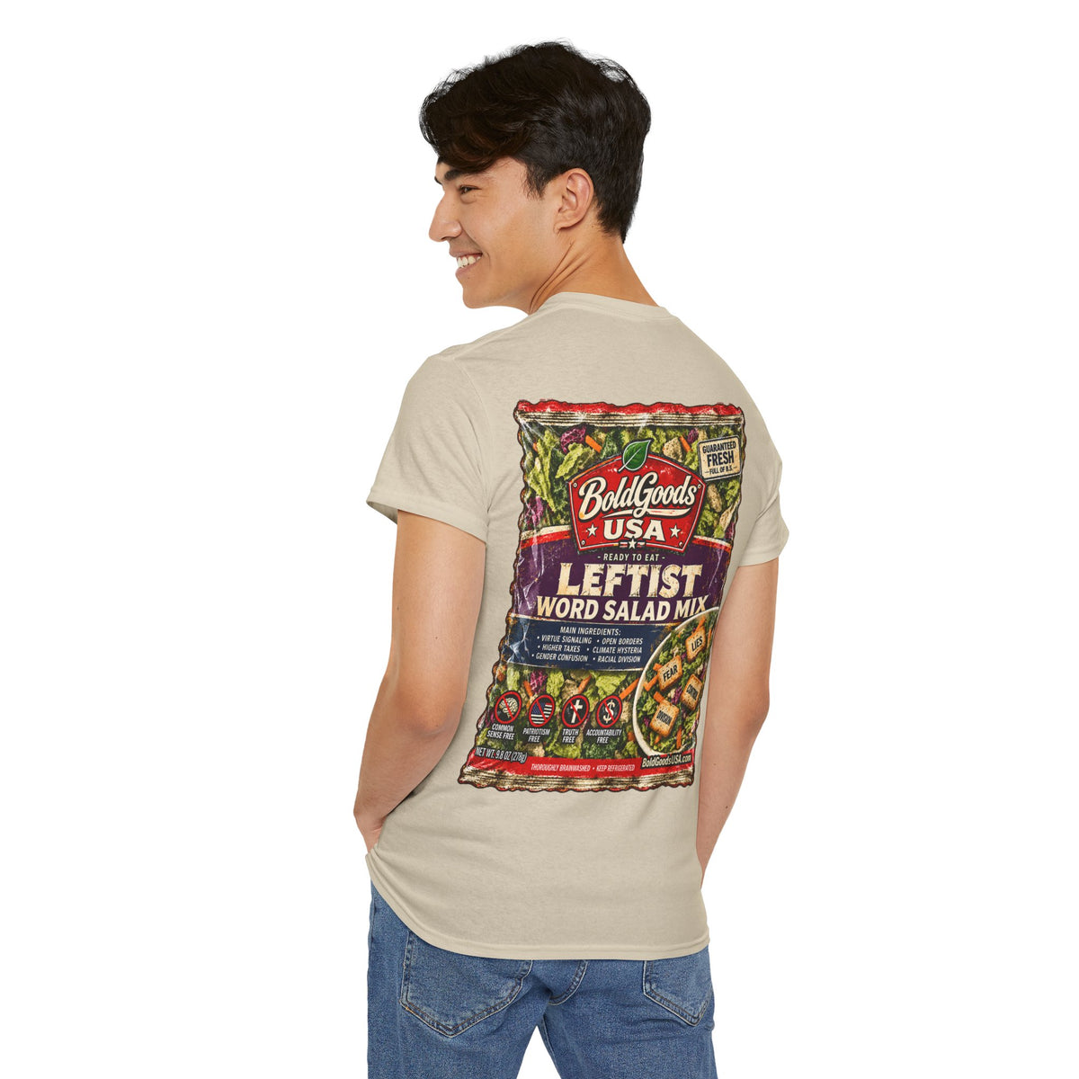Leftist Word Salad – Political Satire Graphic T-Shirt | Back Print + Chest Logo