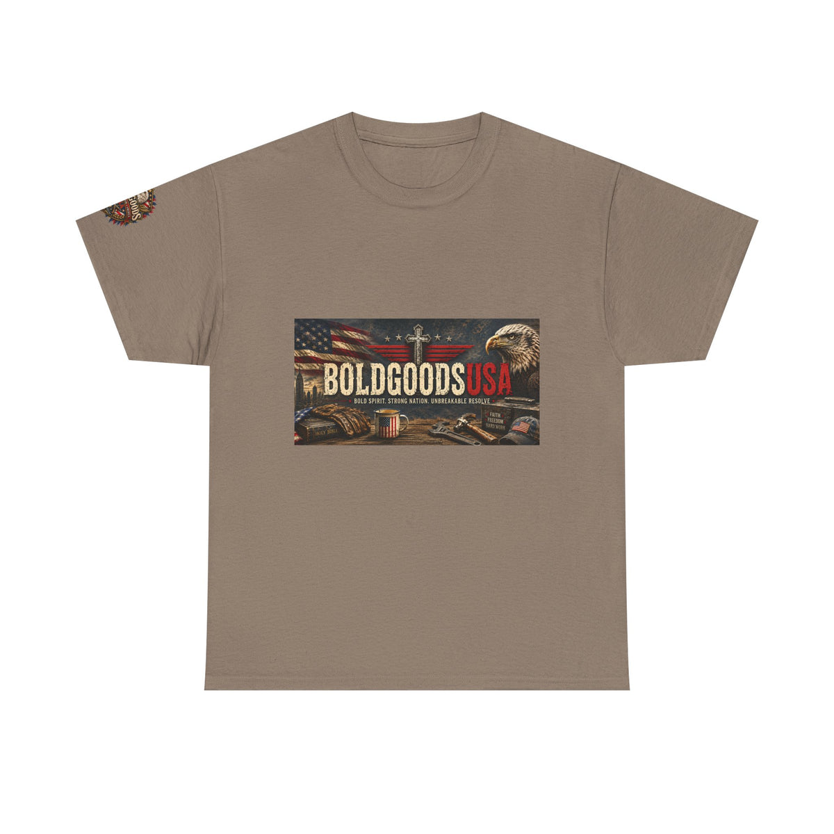 BoldGoods Faith, Freedom & America – Christian Patriotic Graphic T-Shirt | Front Print + Sleeve Logo