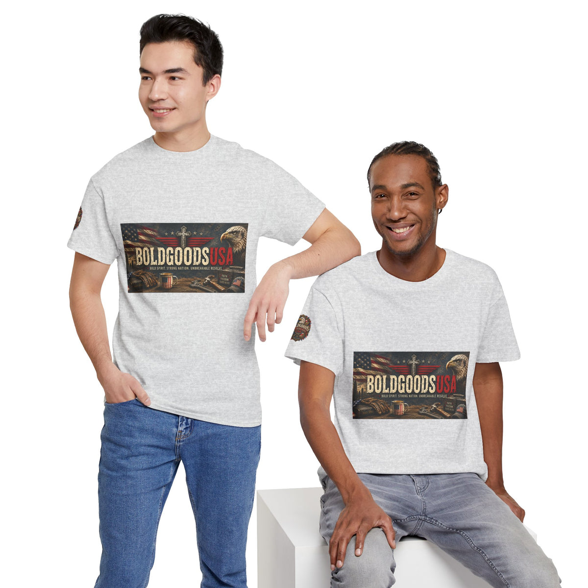 BoldGoods Faith, Freedom & America – Christian Patriotic Graphic T-Shirt | Front Print + Sleeve Logo