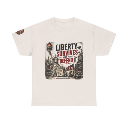 Liberty Survives – Front Print + Sleeve Logo T-Shirt