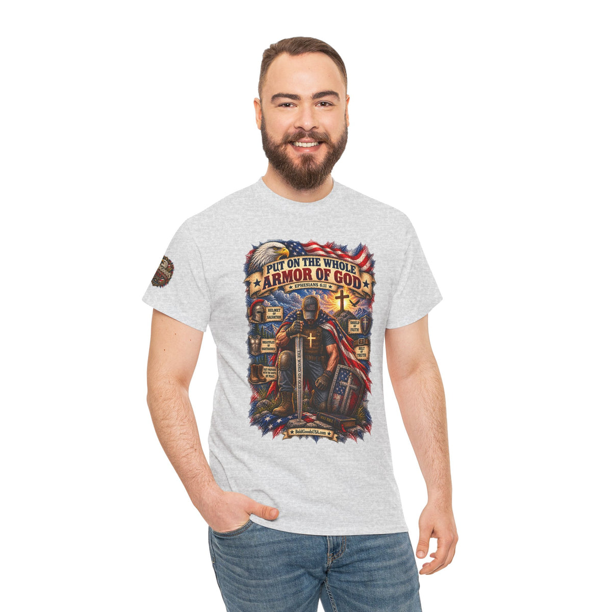 Armor of God – Christian Patriotic Graphic T-Shirt | Front Print + Sleeve Logo