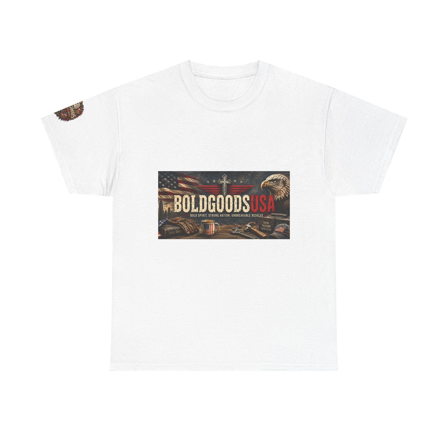 BoldGoods Faith, Freedom & America – Christian Patriotic Graphic T-Shirt | Front Print + Sleeve Logo