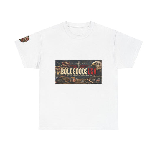 BoldGoods Faith, Freedom & America – Christian Patriotic Graphic T-Shirt | Front Print + Sleeve Logo