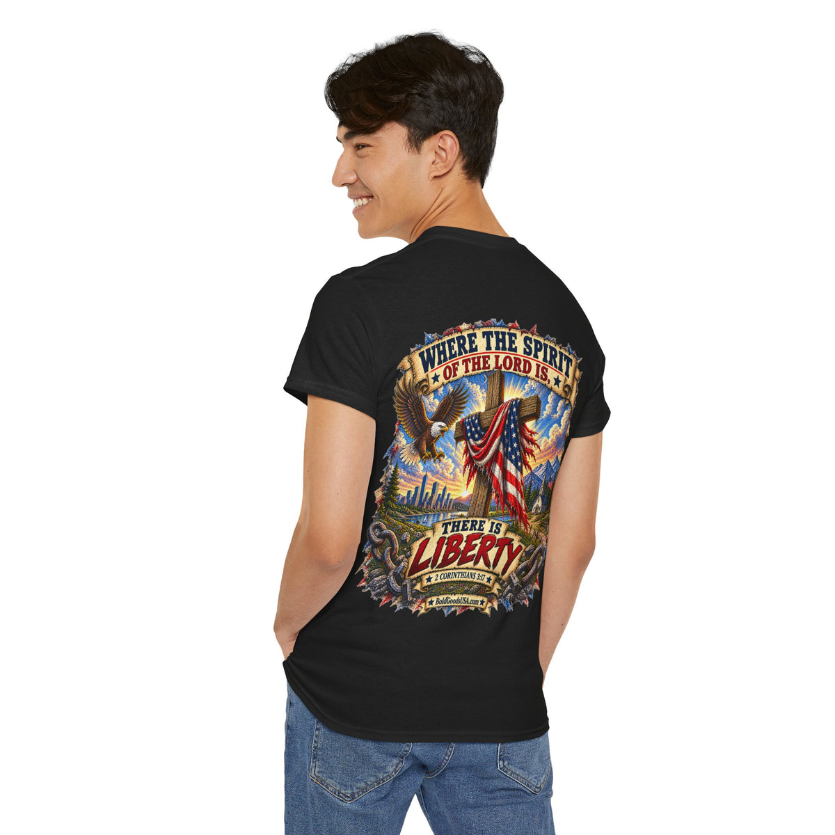 Where the Spirit of the Lord Is, There Is Liberty – Christian Graphic T-Shirt | Back Print + Chest Logo