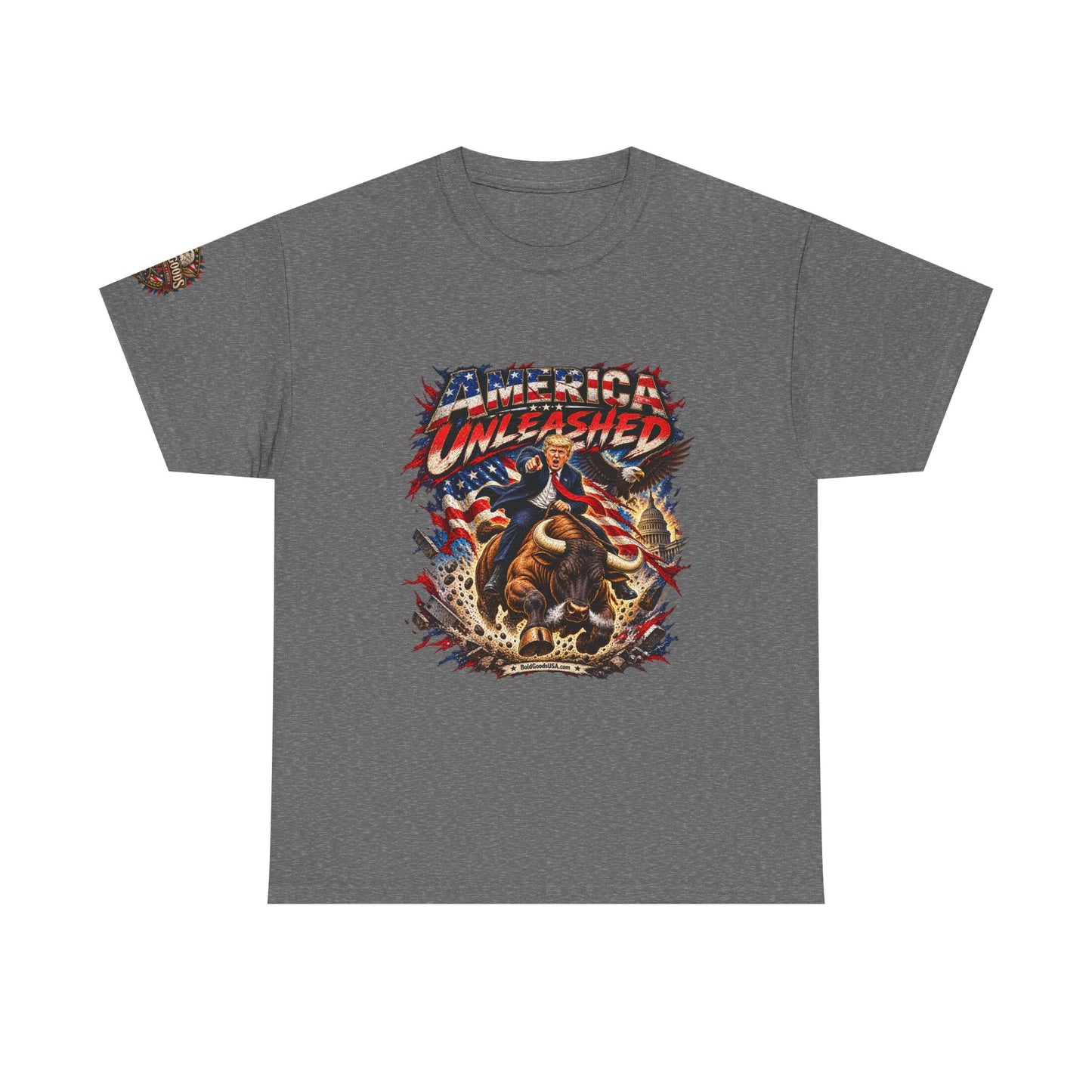 America Unleashed – Patriotic Graphic T-Shirt | Front Print + Sleeve Logo