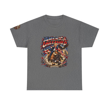 America Unleashed – Patriotic Graphic T-Shirt | Front Print + Sleeve Logo