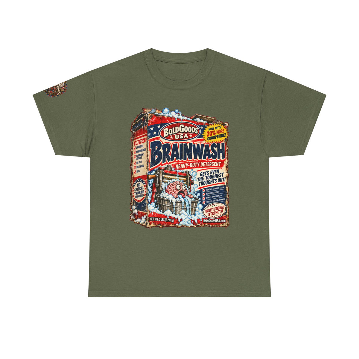Brainwash Political Satire T-Shirt | Front Print + Sleeve Logo
