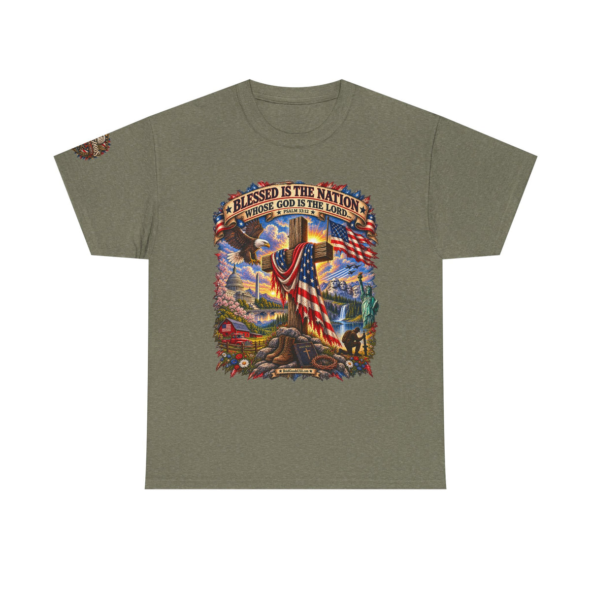 Blessed Is the Nation – Christian Patriotic Graphic T-Shirt | Front Print + Sleeve Logo