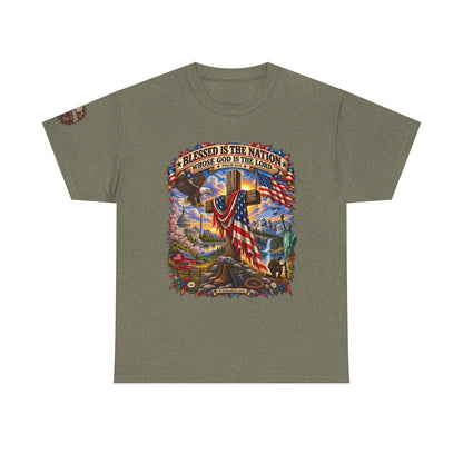 Blessed Is the Nation –  Graphic T-Shirt | Front Print + Sleeve Logo