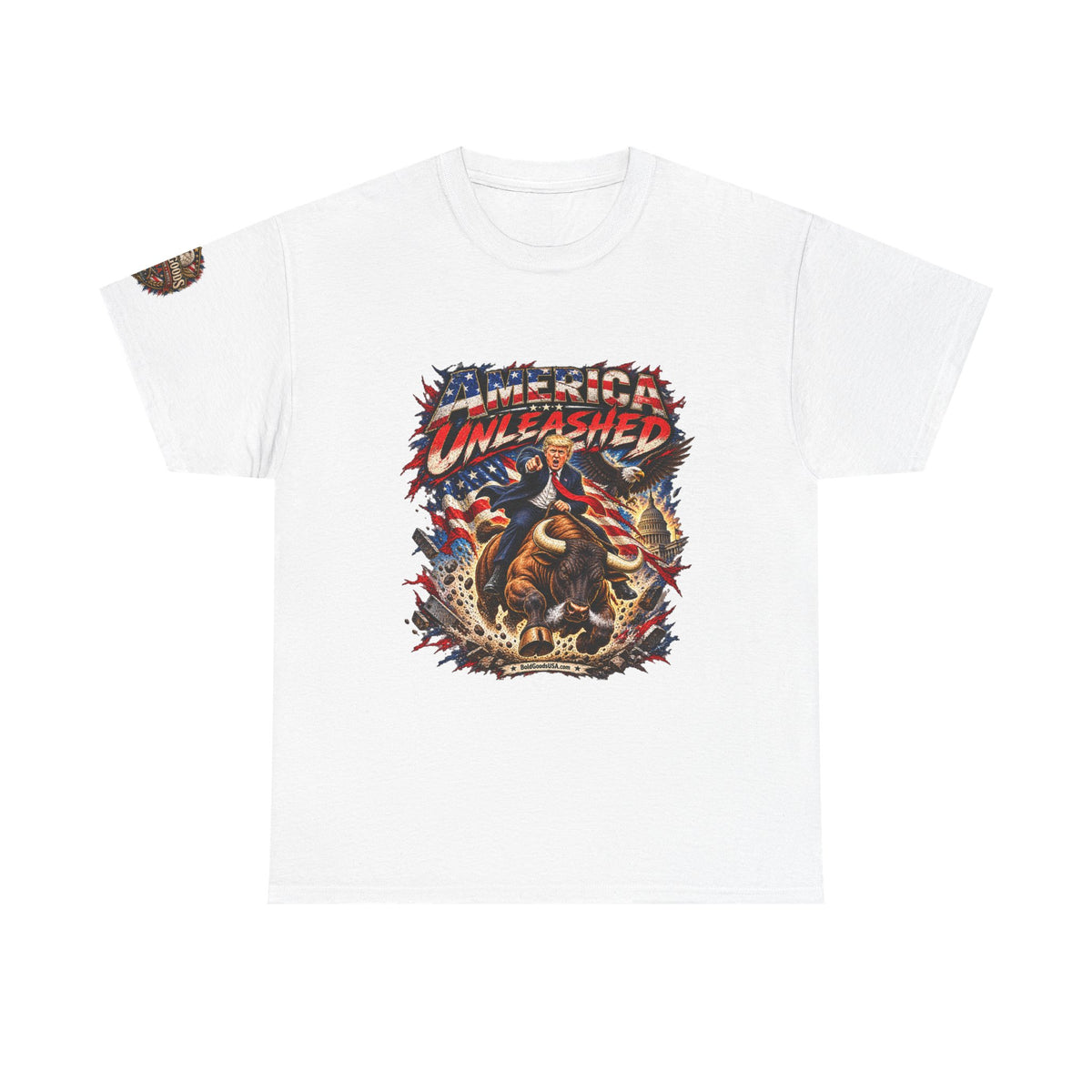 America Unleashed – Patriotic Graphic T-Shirt | Front Print + Sleeve Logo